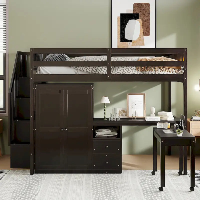 Full Size Loft Bed with Stairs, Bookshelf, Drawers, Desk & Wardrobe