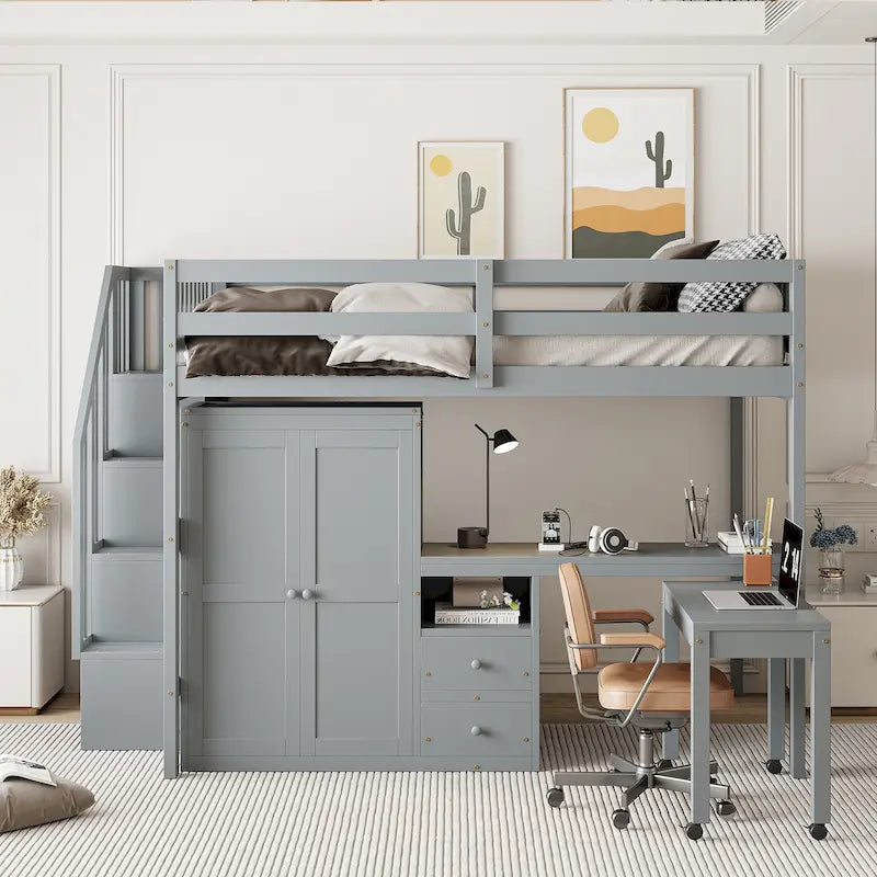 Full Size Loft Bed with Stairs, Bookshelf, Drawers, Desk & Wardrobe