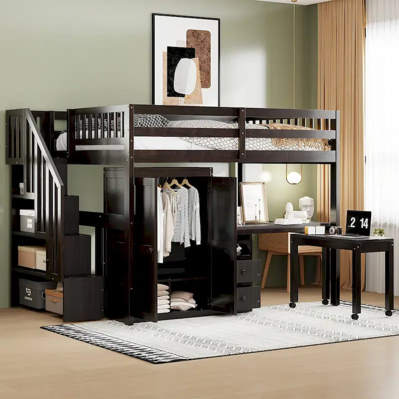 Full Size Loft Bed with Stairs, Bookshelf, Drawers, Desk & Wardrobe