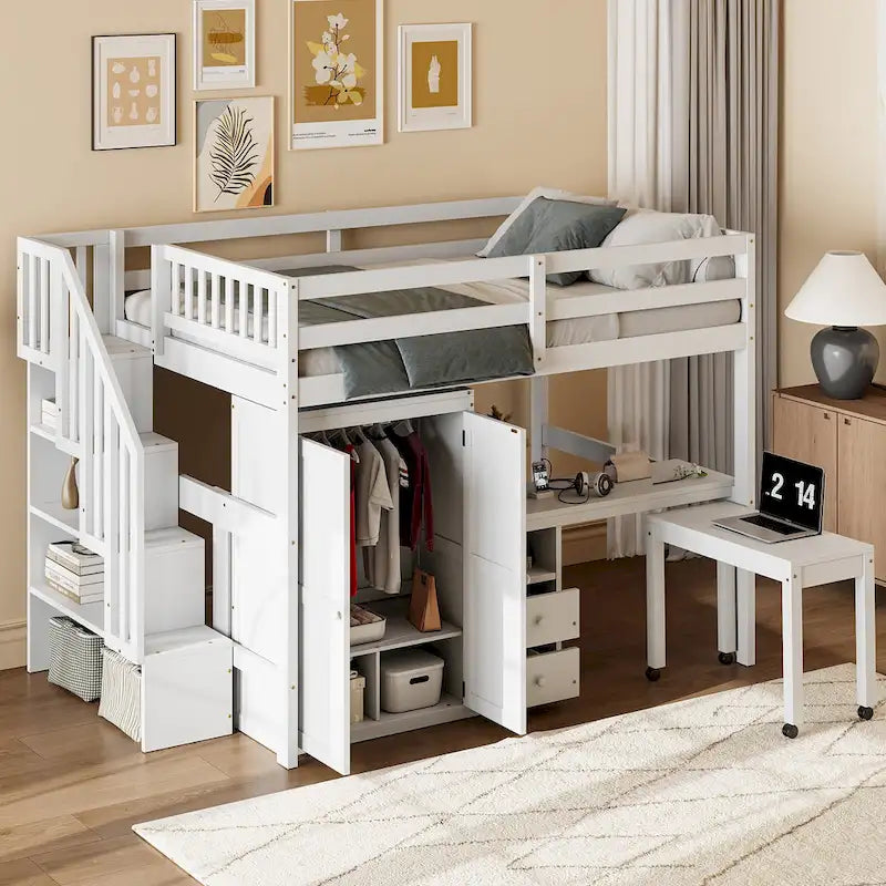 Full Size Loft Bed with Stairs, Bookshelf, Drawers, Desk & Wardrobe