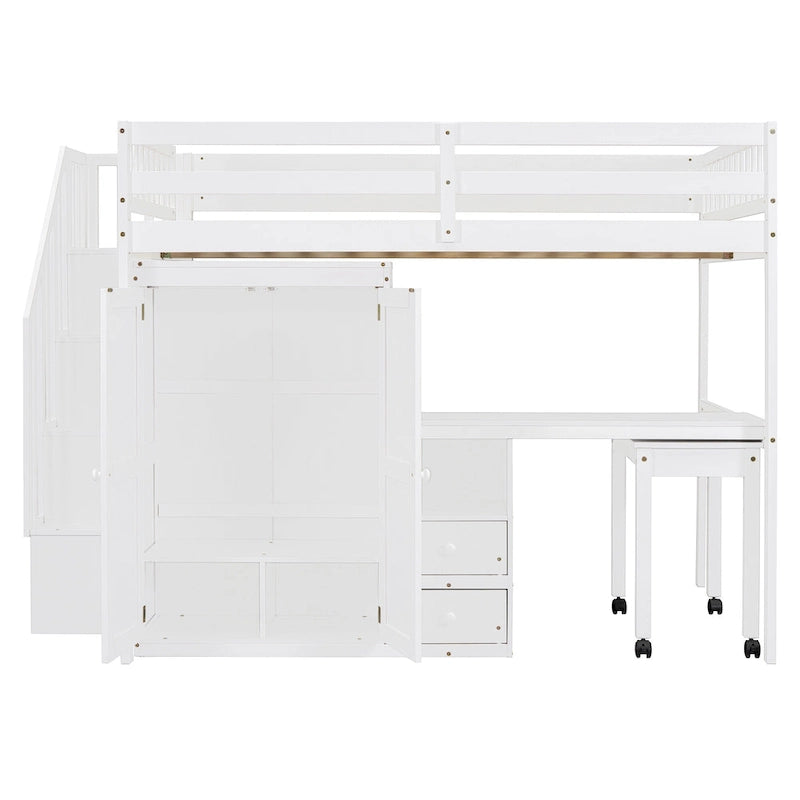Full Size Loft Bed with Stairs, Bookshelf, Drawers, Desk & Wardrobe