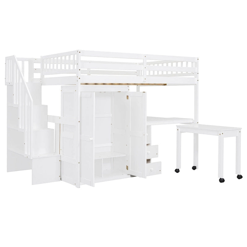 Full Size Loft Bed with Stairs, Bookshelf, Drawers, Desk & Wardrobe