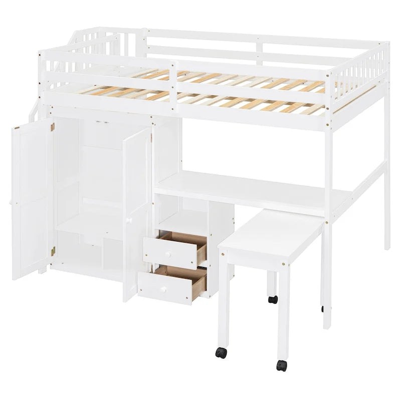 Full Size Loft Bed with Stairs, Bookshelf, Drawers, Desk & Wardrobe