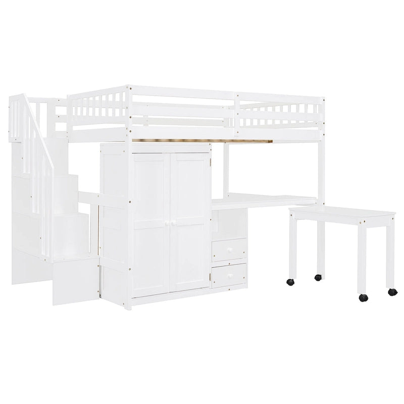 Full Size Loft Bed with Stairs, Bookshelf, Drawers, Desk & Wardrobe