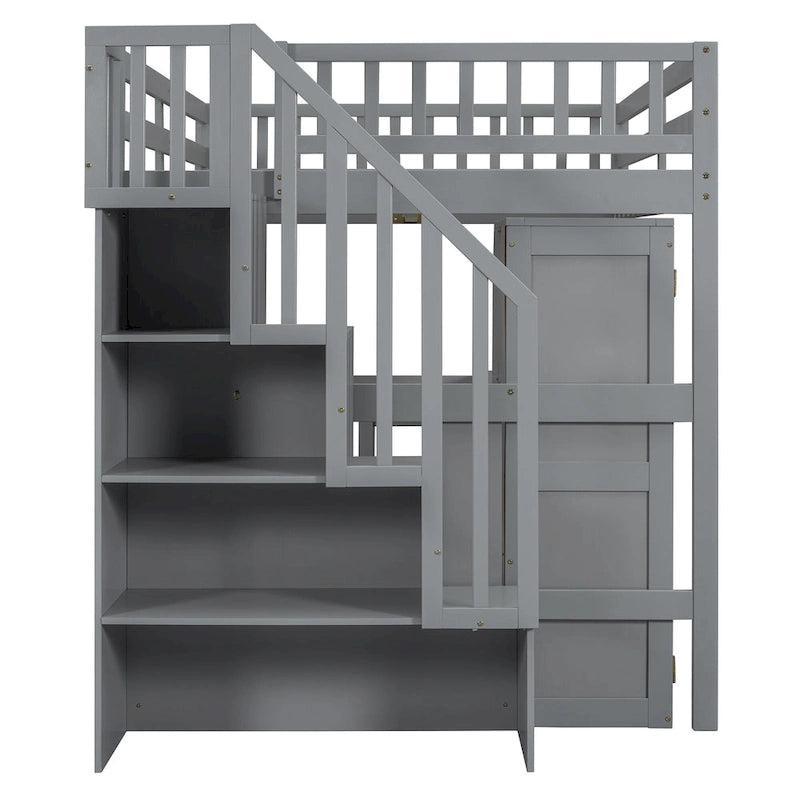 Full Size Loft Bed with Stairs, Bookshelf, Drawers, Desk & Wardrobe