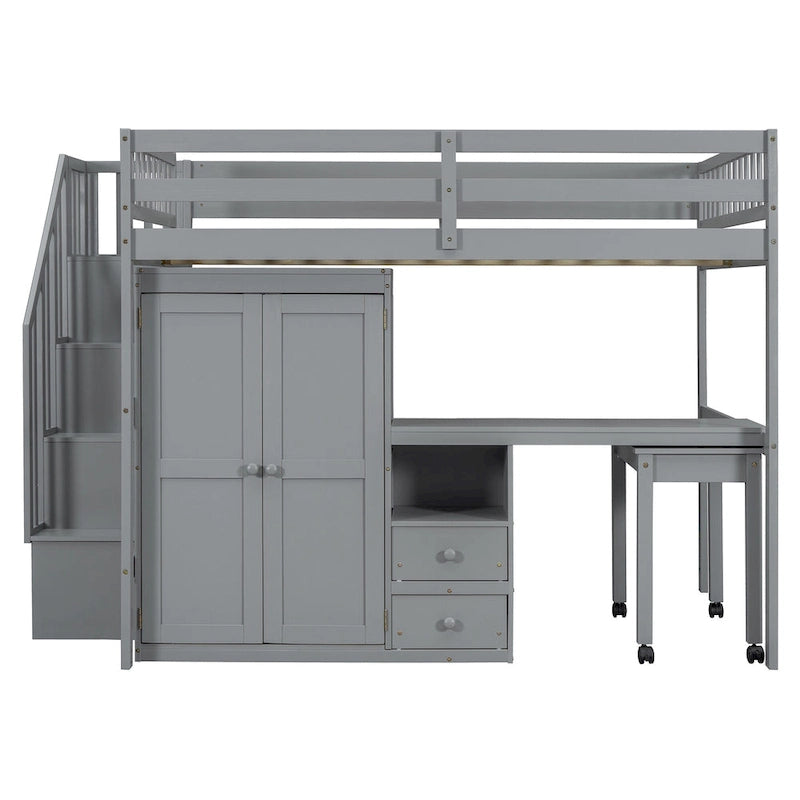 Full Size Loft Bed with Stairs, Bookshelf, Drawers, Desk & Wardrobe