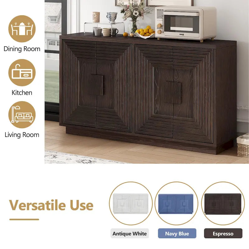 4-Door Vintage Fluted Sideboard Buffet Cabinet with Adjustable Shelves