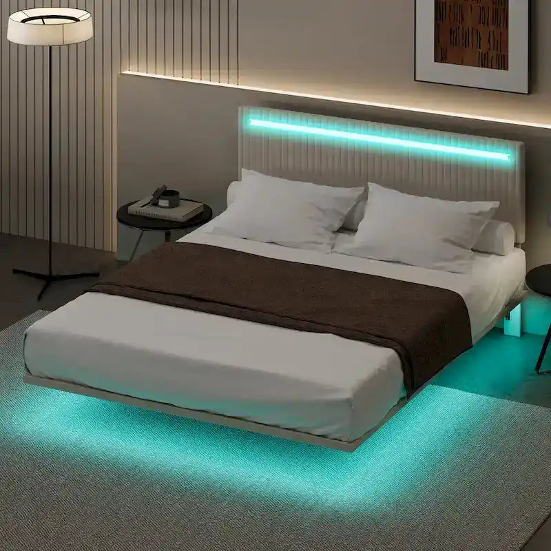 Floating Bed Upholstered Frame Velvet Fabric Platform Bed Adjustable Wingback Bed, Lights on Headboard, Sensor Lights Underbed