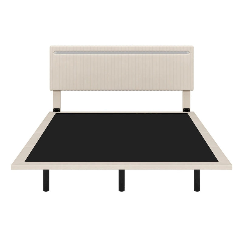 Floating Bed Upholstered Frame Velvet Fabric Platform Bed Adjustable Wingback Bed, Lights on Headboard, Sensor Lights Underbed