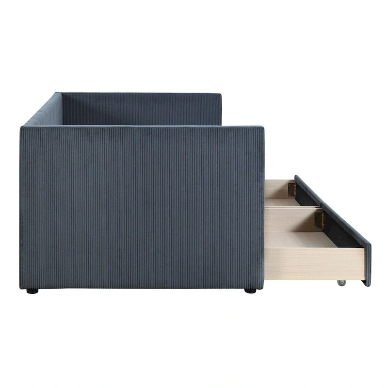 Grey Corduroy Twin Daybed with Drawers and Wood Slat Support