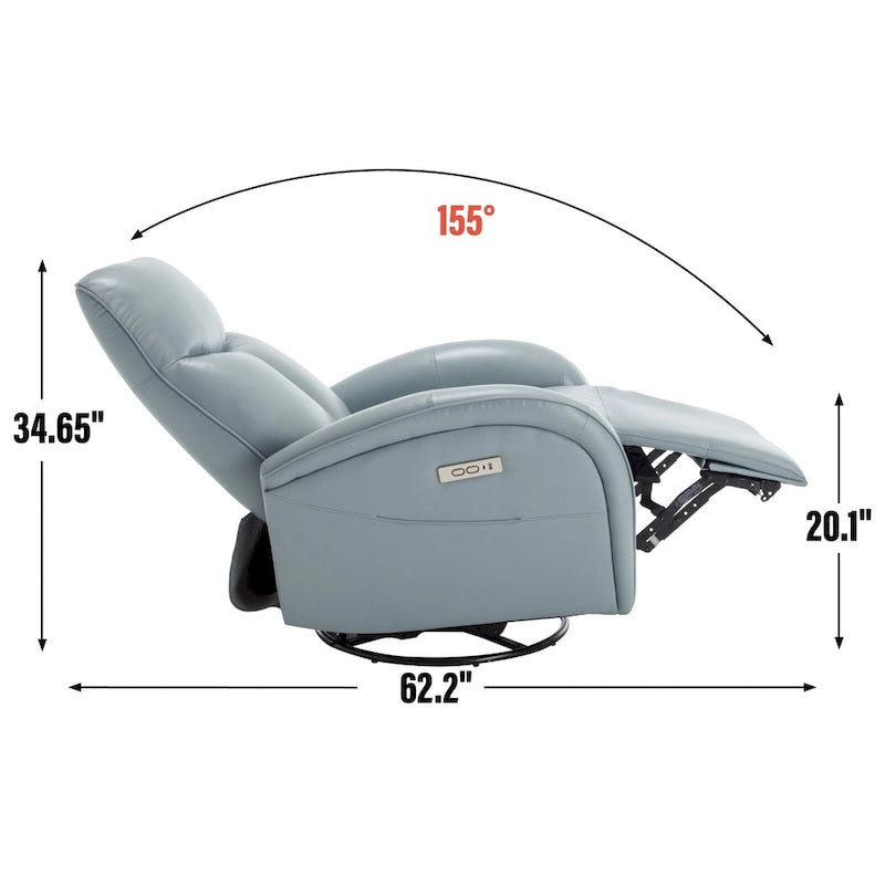 Blue Genuine Leather Power Recliner with Swivel & USB Charging
