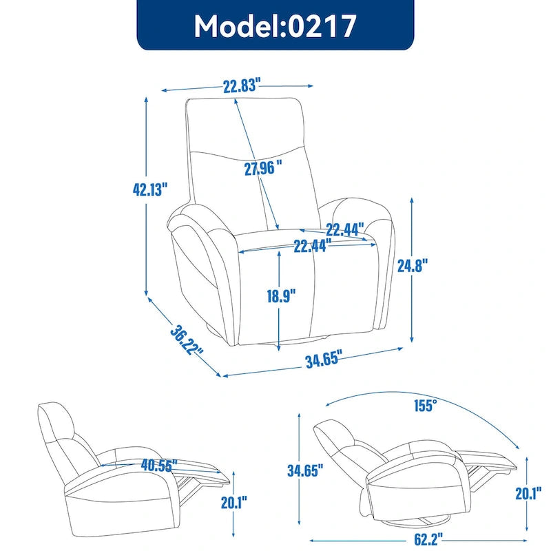Blue Genuine Leather Power Recliner with Swivel & USB Charging