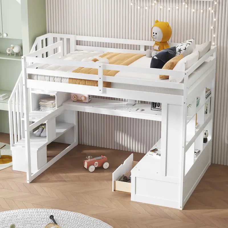 White Full Solid Wood Loft Bed with Desk & Drawers
