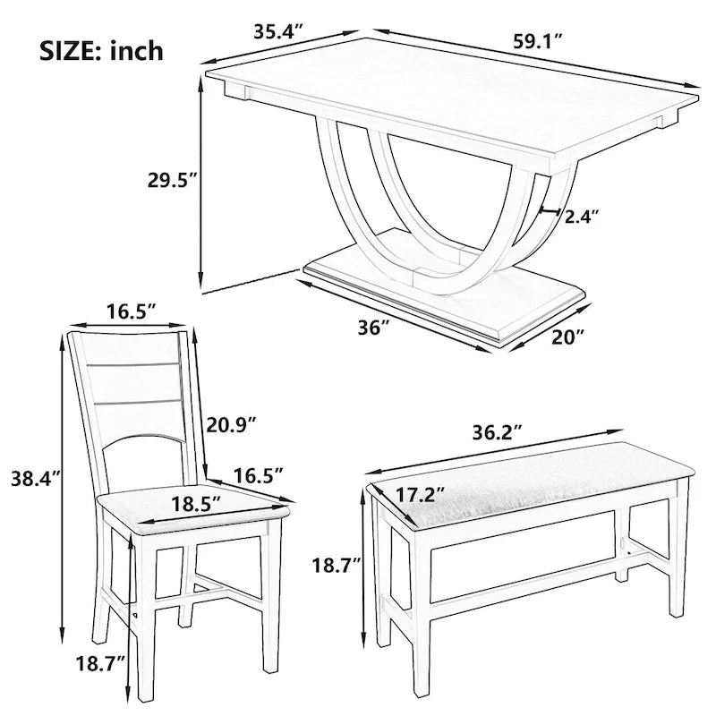 6-Piece Wooden Dining Table Set with Rectangular Table & 4 Chairs