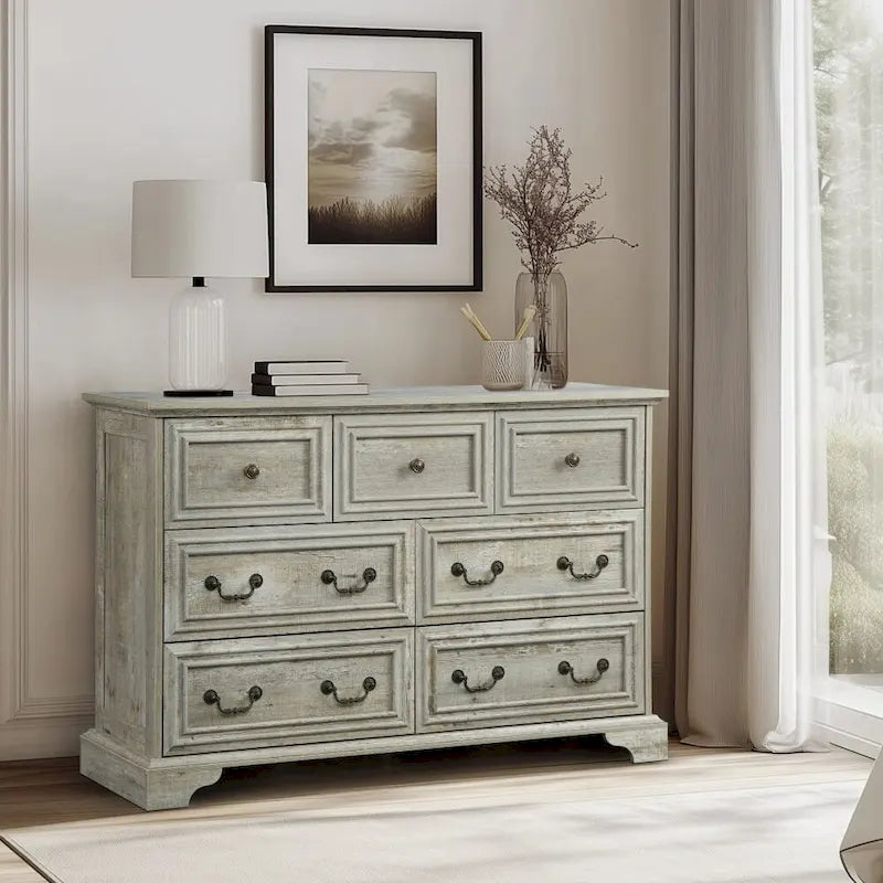 Farmhouse Modern 7-Drawer Horizontal Dresser, Vintage Design, Storage Dressers Organizer for Bedroom, Living Room