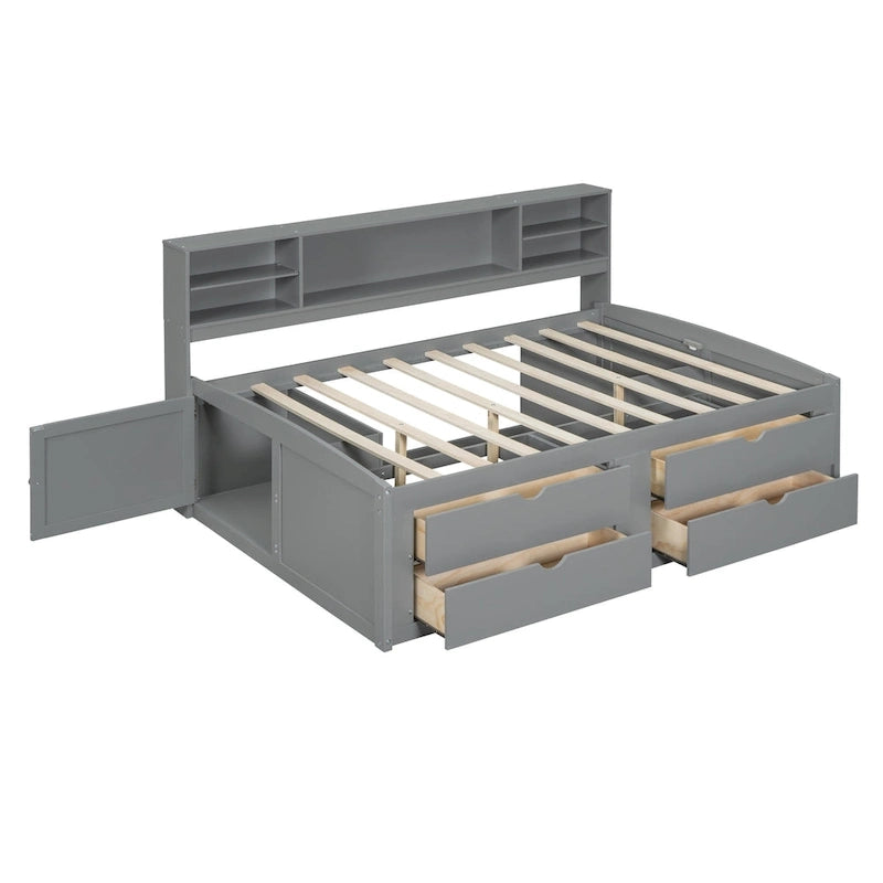 Full Wooden Daybed with Cabinets, Shelves, and Drawers