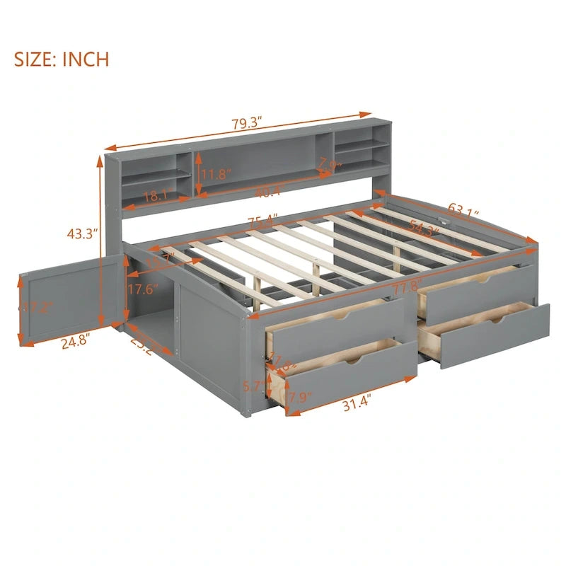 Full Wooden Daybed with Cabinets, Shelves, and Drawers