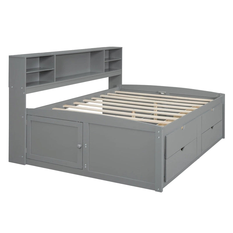 Full Wooden Daybed with Cabinets, Shelves, and Drawers