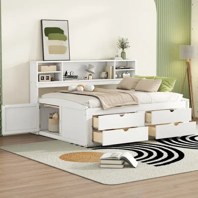 Full Wooden Daybed with Cabinets, Shelves, and Drawers