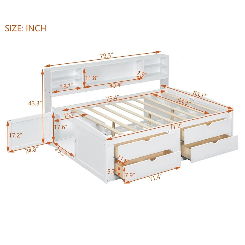 Full Wooden Daybed with Cabinets, Shelves, and Drawers