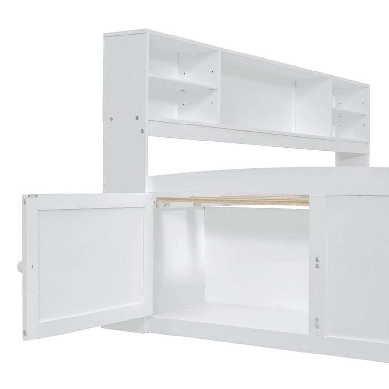 Full Wooden Daybed with Cabinets, Shelves, and Drawers
