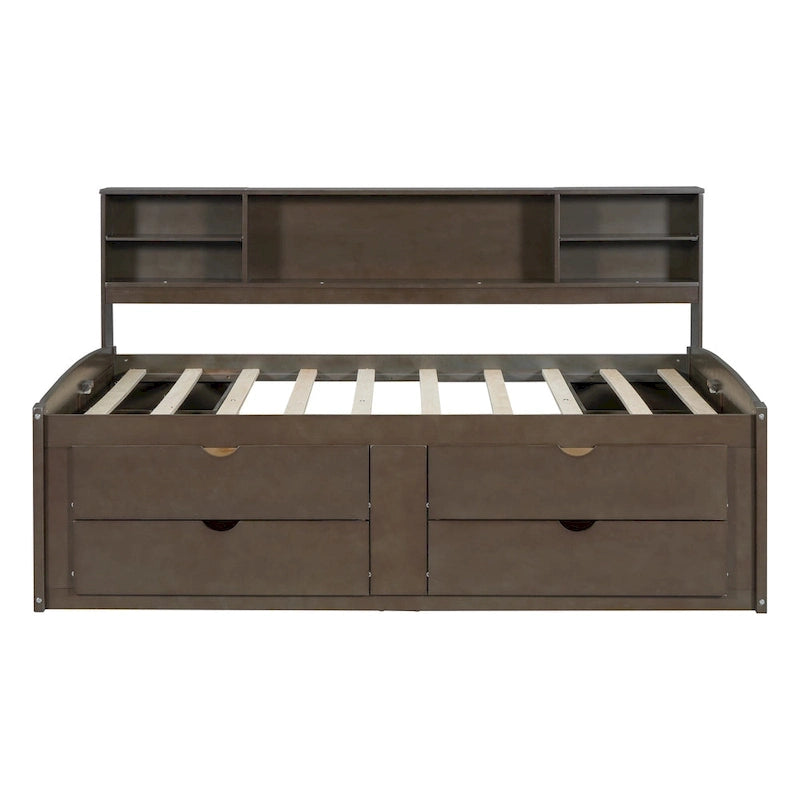 Full Wooden Daybed with Cabinets, Shelves, and Drawers