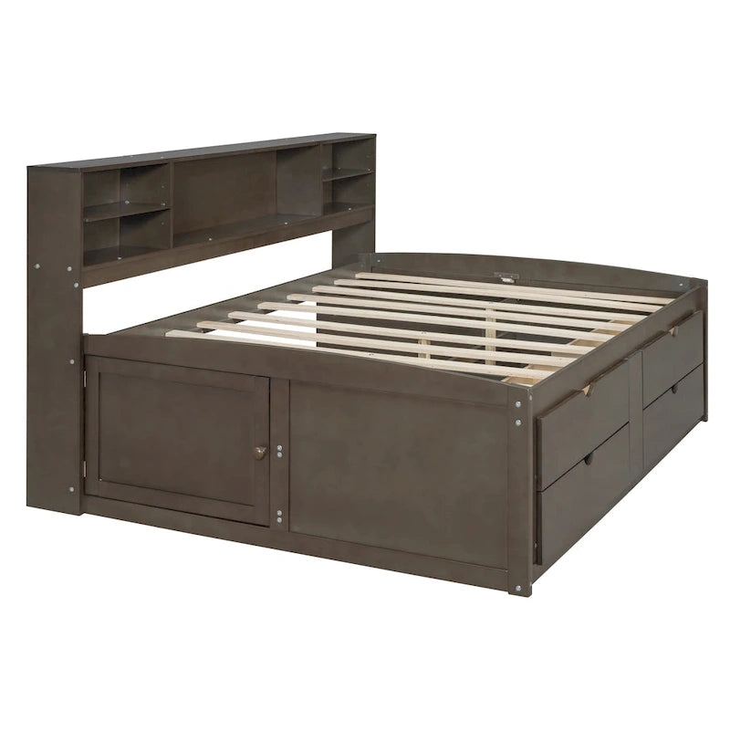 Full Wooden Daybed with Cabinets, Shelves, and Drawers