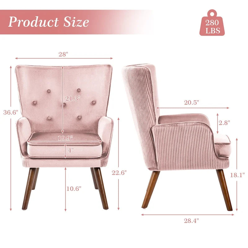 Modern Upholstered Velvet Wingback Accent Arm Chair, Set of 2 - 36.6 H x 28 W x 28.4 D