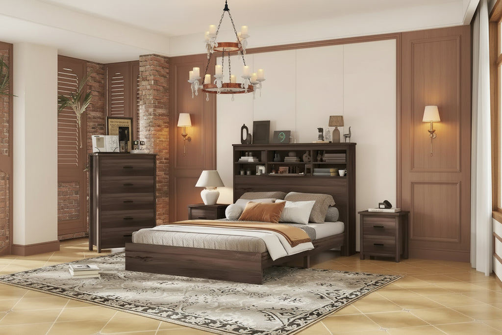 4-Pieces Bedroom Sets Queen Size Wooden Bed Frame with 2 Nightstands and 1 Dresser,Dark Walnut