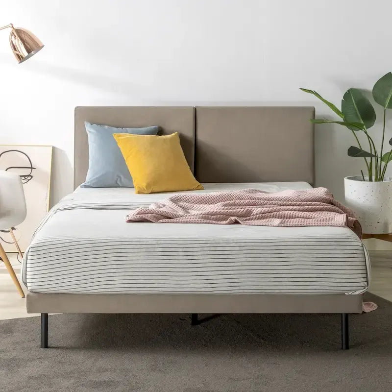 Latte Velvet Upholstered Platform Bed Frame with Split Headboard