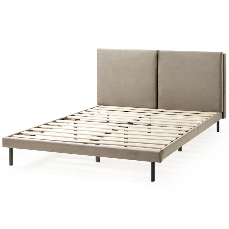 Latte Velvet Upholstered Platform Bed Frame with Split Headboard