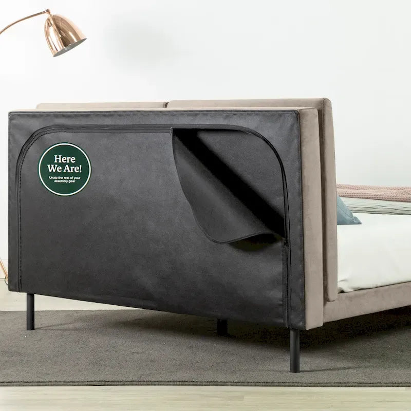 Latte Velvet Upholstered Platform Bed Frame with Split Headboard
