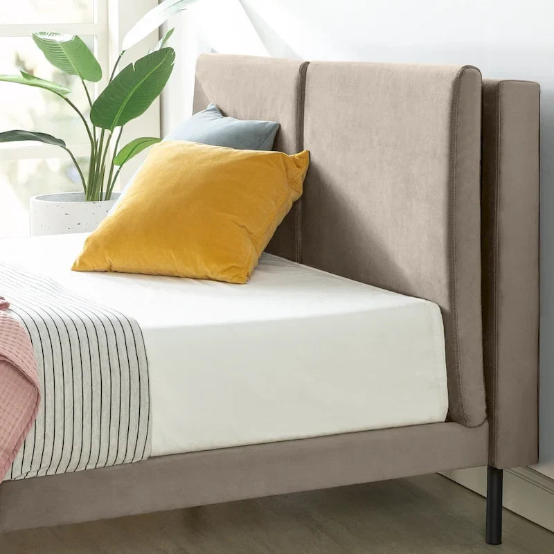 Latte Velvet Upholstered Platform Bed Frame with Split Headboard