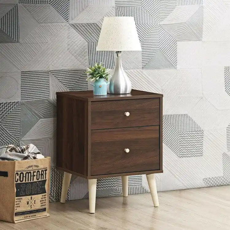 2-Drawer Nightstand Beside End Side Table with Rubber Legs-Walnut - 18 x 16 x 24.5 (L x W x H)