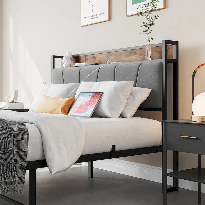 Queen/Full Size Bed Frame, Storage Headboard with Charging Station and 2 Drawers