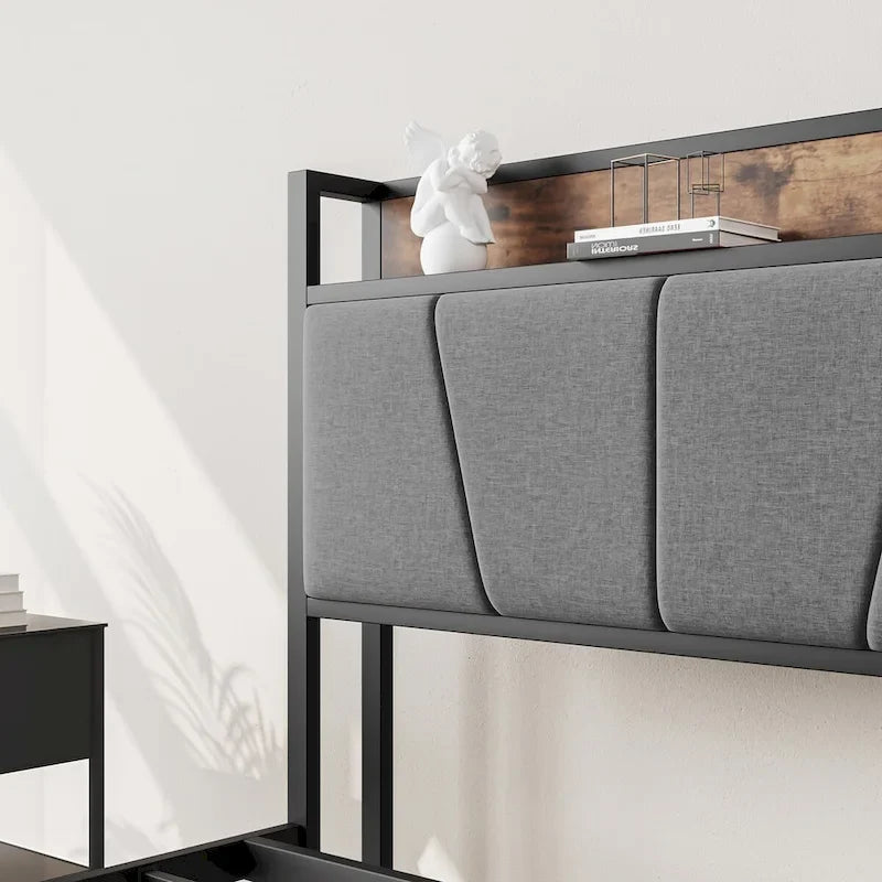 Queen/Full Size Bed Frame, Storage Headboard with Charging Station and 2 Drawers