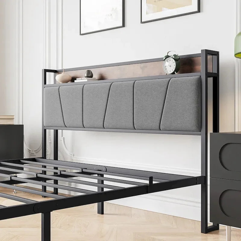 Queen/Full Size Bed Frame, Storage Headboard with Charging Station and 2 Drawers