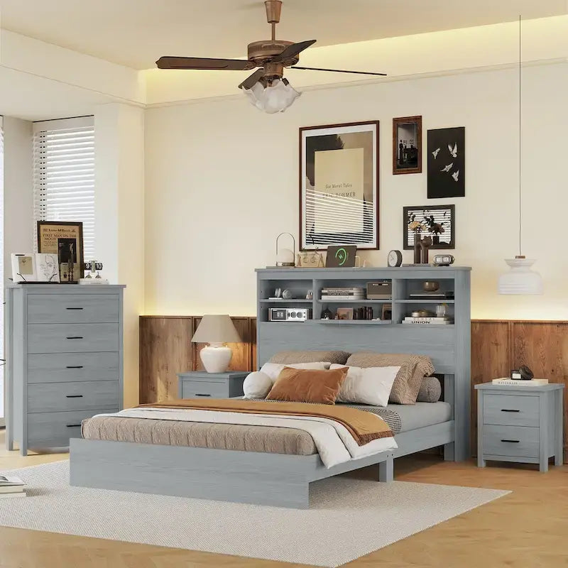 4-Pieces Bedroom Sets Queen Size Wooden Bed with 2 Nightstands and 1 Dresser