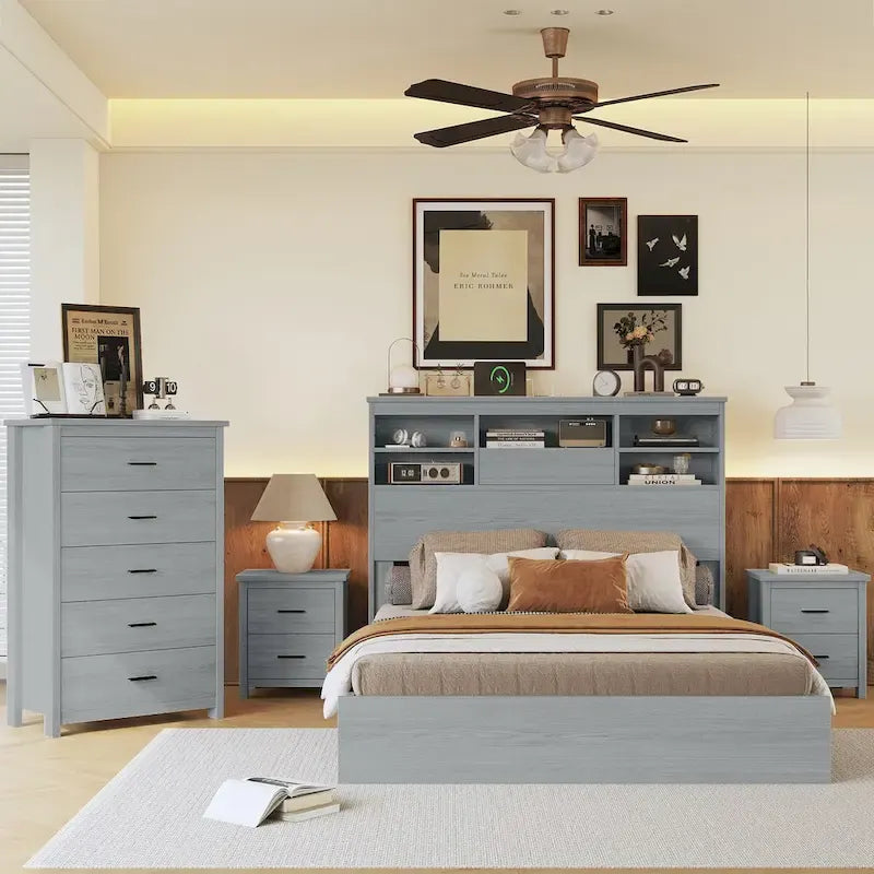 4-Pieces Bedroom Sets Queen Size Wooden Bed with 2 Nightstands and 1 Dresser