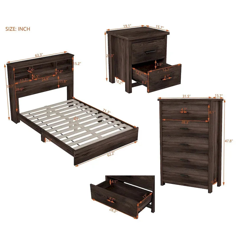 4-Pieces Bedroom Sets Queen Size Wooden Bed with 2 Nightstands and 1 Dresser