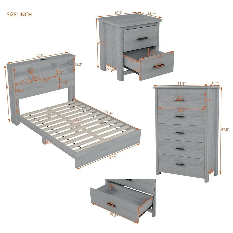 4-Pieces Bedroom Sets Queen Size Wooden Bed with 2 Nightstands and 1 Dresser