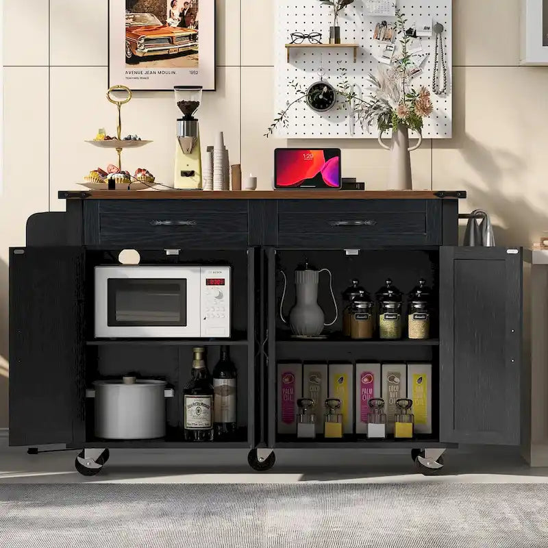 53.5 Farmhouse Kitchen Island with Power Outlet, Drop Leaf & Mobile Storage