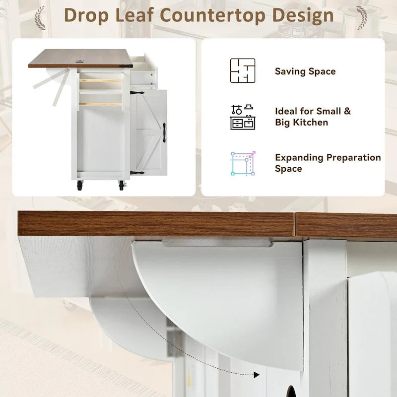 53.5 Farmhouse Kitchen Island with Power Outlet, Drop Leaf & Mobile Storage