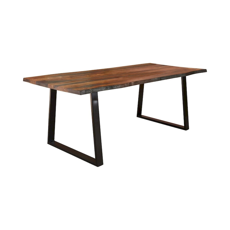 80 Inch Rectangular Dining Table, Live Edge, Iron Base, Chestnut Brown