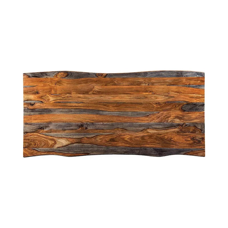 80 Inch Rectangular Dining Table, Live Edge, Iron Base, Chestnut Brown