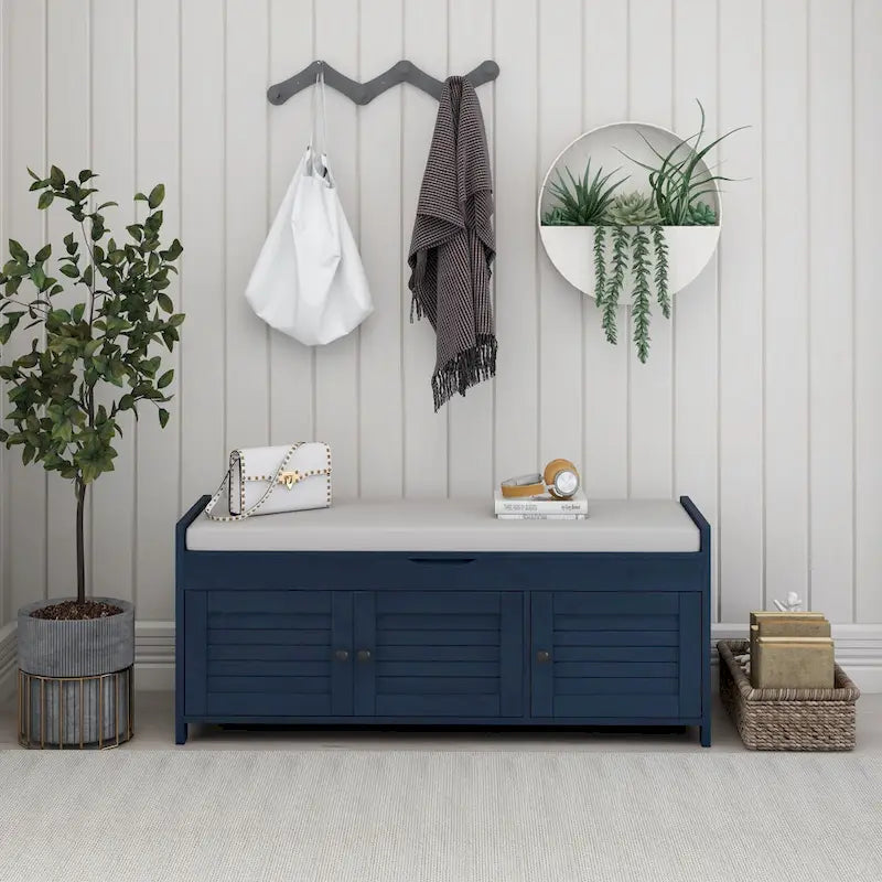 Storage Shoes Bench with 3 Shutter-shaped Doors and Removable Cushion