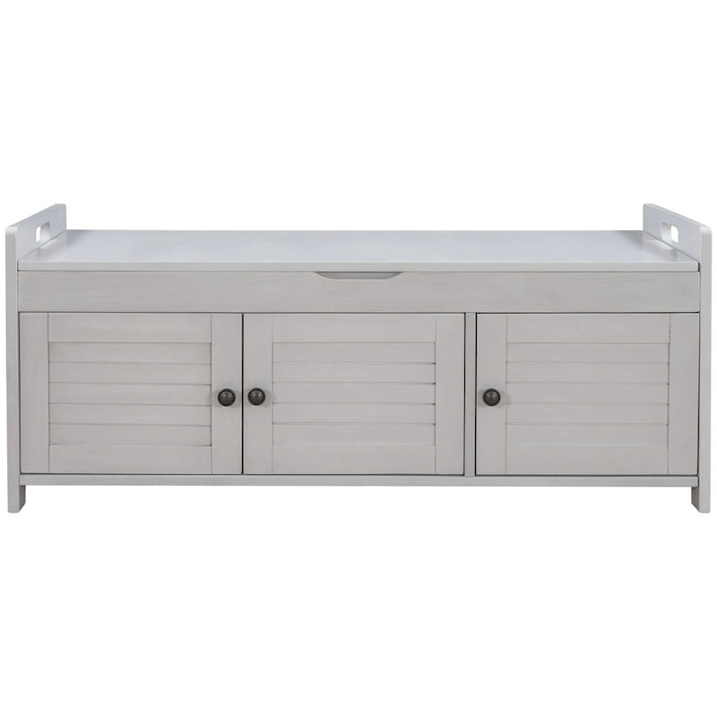 Storage Shoes Bench with 3 Shutter-shaped Doors and Removable Cushion