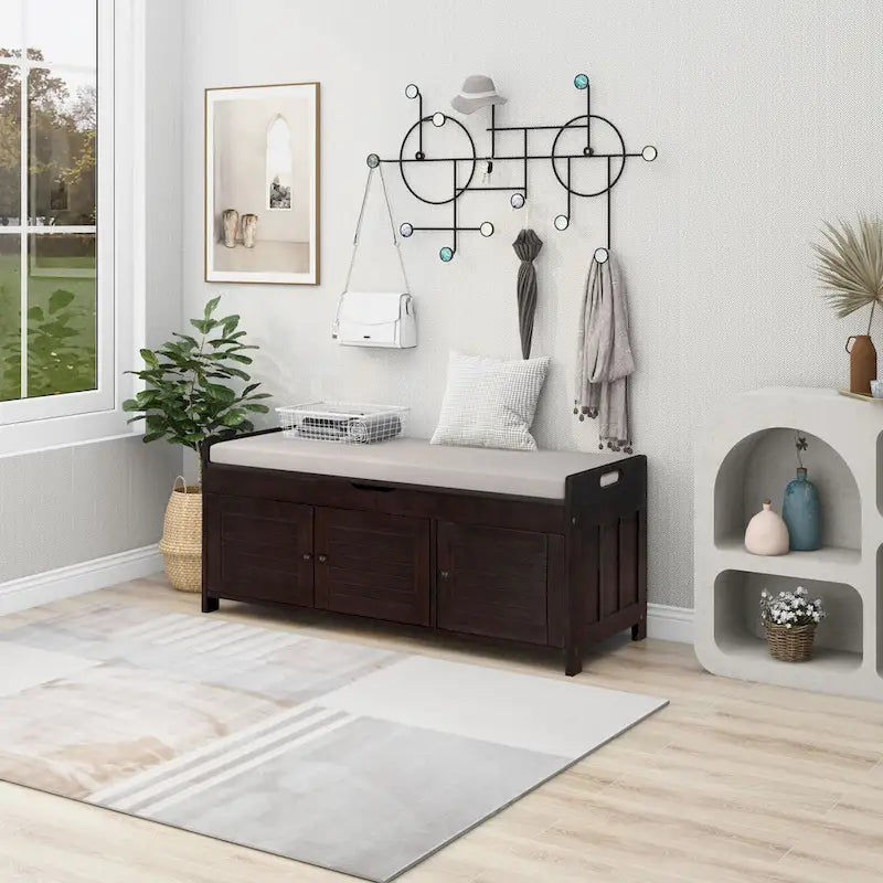 Storage Shoes Bench with 3 Shutter-shaped Doors and Removable Cushion