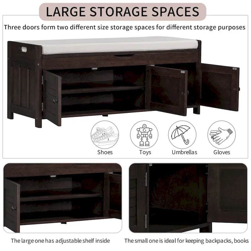 Storage Shoes Bench with 3 Shutter-shaped Doors and Removable Cushion