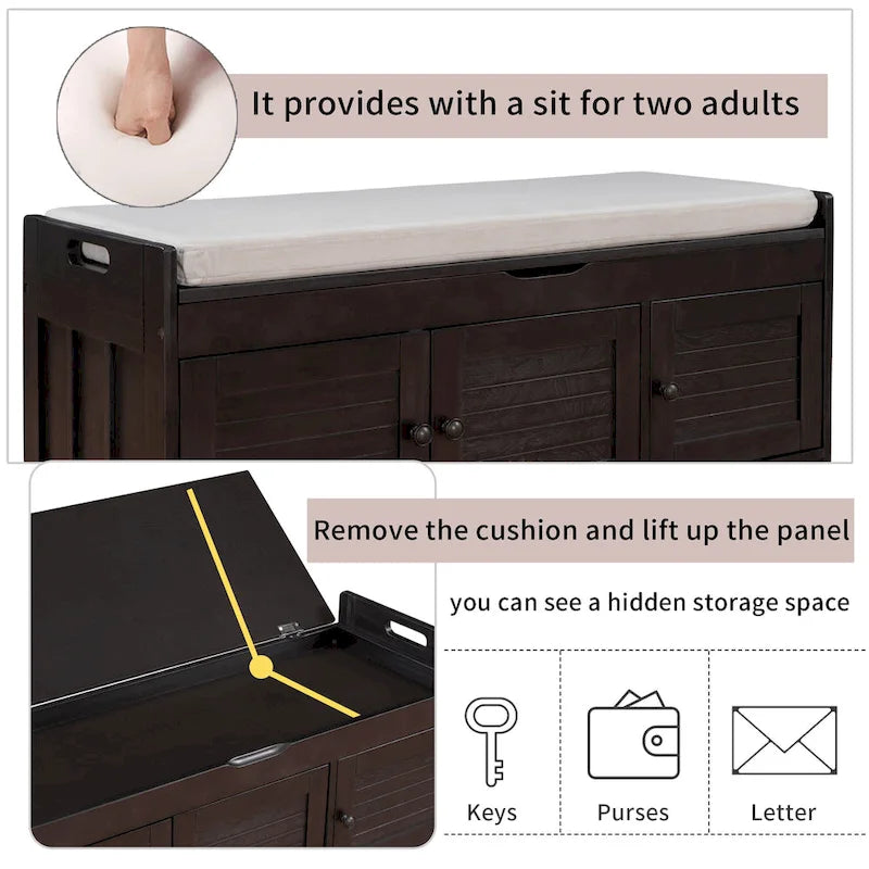 Storage Shoes Bench with 3 Shutter-shaped Doors and Removable Cushion